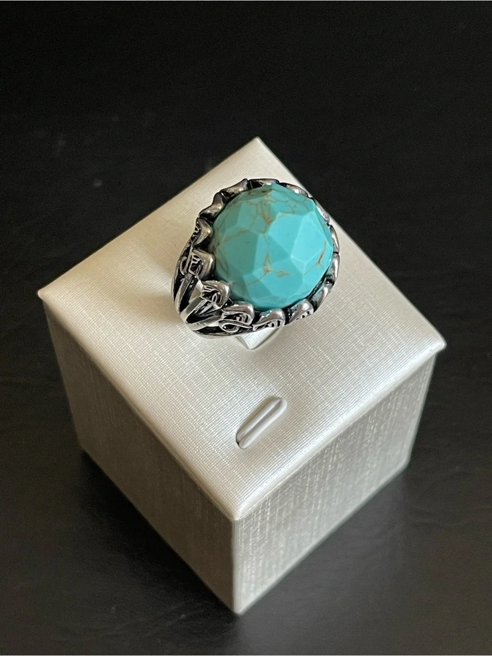 Lucky brand Turquoise Statement Ring with Silver Leaf Setting .